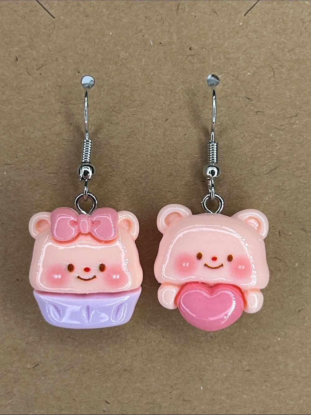 Cute Pink Bear Heart Resin Earrings - Fashion Jewelry